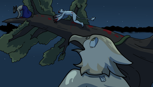 Image: Julia looks up at Phoebe and Silver in fear. She is visible from the shoulders up and her shirt is inside-out. Phoebe is at the tip of the tree, and Silver is running at her on all fours. End description.