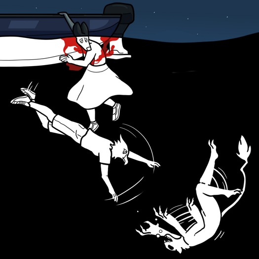 Image: Phoebe is holding onto the boat while she watches Julia swim down to Silver, who is thrashing around. Again, the coloring style of the image is split above and below the water, with everything underwater being black, white, and red. End Description.