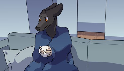 Image: Phoebe is sitting on the gray couch, wrapped in a dark blue striped blanket. Only her head and hands are visible, and she clutches a white mug. She’s looking down at the mug with an upset expression. End description.