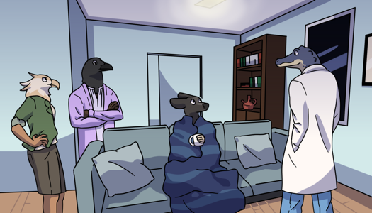 Image: Julia, Asmeret, and Bluebell all stand around Phoebe, who is looking back up at him. Bluebell is wearing his typical doctor’s coat and light blue jeans. More of the living room is visible, including a window, the bookcase, and the entrance to the main hallway. End description.