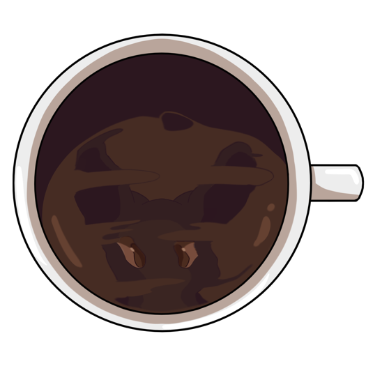 Image: A top-down view of a white coffee mug. Phoebe is looking down into it, and her distorted reflection is visible on the coffee’s surface. The background is transparent. End description.