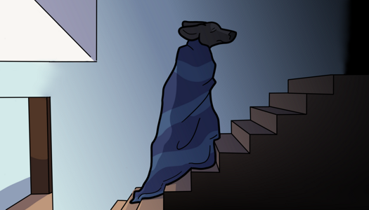 Image: Phoebe, viewed from the side, walks up the stairs. Only her head, which sports a tired expression, is visible- the rest of her body is obscured by her blanket. The lights are off upstairs, and the stairwell gets progressively darker as she ascends. End description.