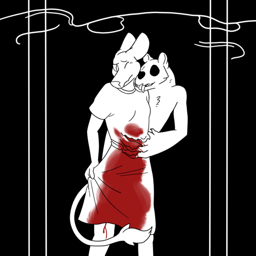 Image: The same reflection of Phoebe, except now everything is rendered in black, white, and red. She is no longer in her room, but a black void, and ripples suggest that the mirror is submerged. She struggles as Silver grabs her from behind, tearing into her dress and causing blood to spill down her front. End description.