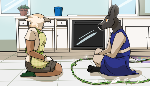Image: Phoebe sits cross-legged on the kitchen floor, inside the hoop. Julia kneels in front of her, outside of the hoop, with her eyes closed in peaceful contemplation. Wisps of light are beginning to flow out from the cordage. End description.