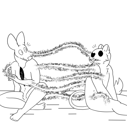Image: Phoebe and Silver are both sitting on the floor of the void, startled to see each-other. The strands of energy flow between them, connecting them. While Phoebe’s feather is obvious, Silver doesn’t have one. End description.