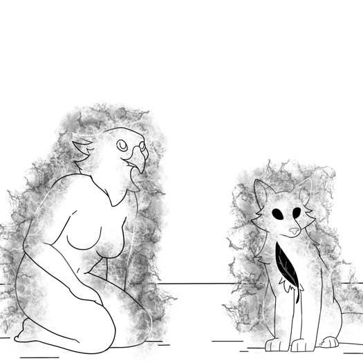 Image: Julia, also naked, is sitting on her knees next to Yuli. Both of them have pulses and crackles of energy emanating from them. As Yuli sits on their haunches, it is clear that they, like Phoebe, have a feather in their chest. End description.