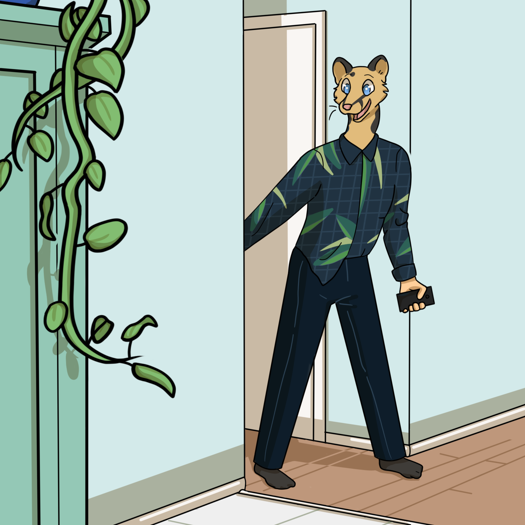 Image: Cat stands at the threshold between the hallway and the kitchen, an excited, happy expression on his face. He is wearing a navy blue button-up with a pattern of green leaves on it, and dark blue slacks. In the foreground, part of the pantry and the potted plant on top of it are visible. End description.