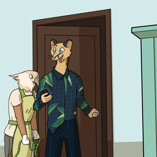 Image: Cat and Julia are standing in front of the door to the study, which Cat has partially opened. They’re both looking down at his phone, which he’s holding up to show her. End description.