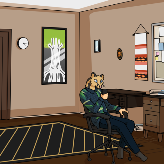 Image: Cat sits in an office chair in his study, looking at his phone with a nervous smile. There is an area rug on the floor, and various decorations hang on the walls, including a large painting of a tree next to the door. End description.