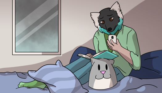 Image: Abigail, a young pale-skinned woman with a ruffed lemur aspect, reclines in bed with an open book, looking down sadly at her phone. She’s wearing jeans and a green blouse, and the bottom half of her mane is dyed two shades of cyan. End description.