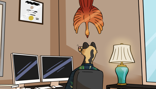 Image: Cat, his back turned, is sitting at his desk and looking up at the Ph.D. hanging above his computer monitors. In the foreground, on the wall to his left, is a window and a lamp sitting on a table. End description.
