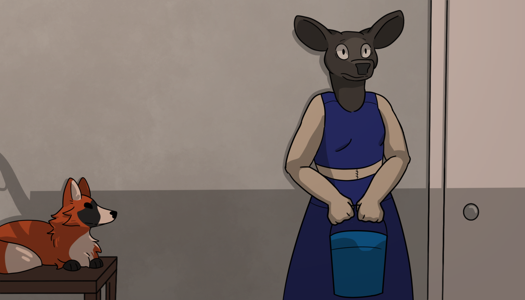 Image: Phoebe stands near the door, a disturbed expression on her face. Yuli lays on a table next to her, looking at her and smiling. End description.