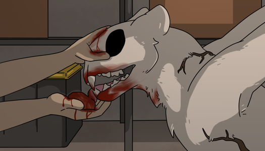Image: A close up of Silver. One of Phoebe’s hands is holding a piece of meat out to him, which he’s licking up. Her other hand is on the top of his muzzle. End description.