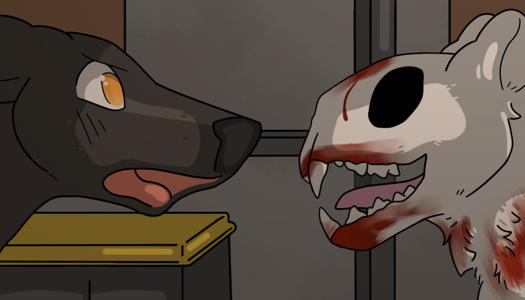Image: A close up of Phoebe and Silver’s faces. Phoebe is yelling at him, and Silver is laughing. There is more blood on Silver’s fur, notably on his neck, from where Phoebe was petting him. End description.