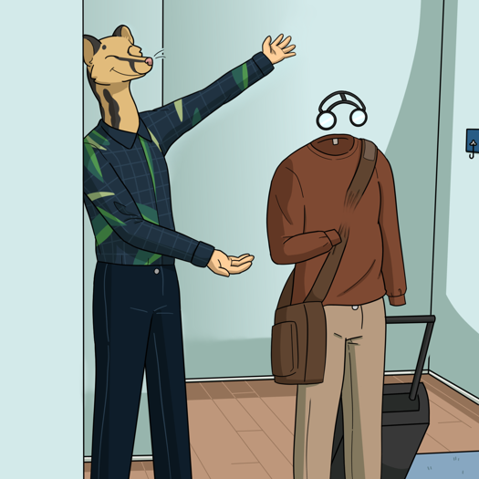 Image: Cat is standing next to Kirk in the hallway, triumphantly presenting him. Kirk is wearing a rust-colored sweatshirt and tan pants, with a brown laptop bag and a suitcase. His face and hands can’t be seen at all. Part of the laptop bag’s strap, close to where one of his hands is gripping it, is also invisible. Above his shirt are a pair of glasses. End description.