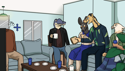 Image: Kirk, Bluebell, Phoebe, Cat, and Julia are all sitting in the living room. There are plates, cups, and mugs on a coffee table in front of them; Cat and Phoebe are holding sandwiches, Bluebell and Julia are holding drinks. Cat is leaning forward and talking to Kirk, who is sitting away from the others. End description.