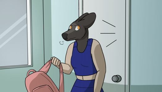 Image: Phoebe stands outside the bedroom as the door shuts. She’s holding her backpack up; her ears are pulled back and she looks mad. To her left, the hall window shows the gray sky outside. End description.