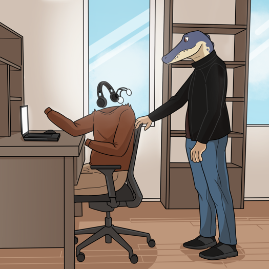 Image: Kirk sits at his desk on his laptop, jumping as he realizes that Bluebell is behind him. Along with his glasses, he’s also wearing a pair of wireless headphones. Bluebell has a concerned look on his face. End description.