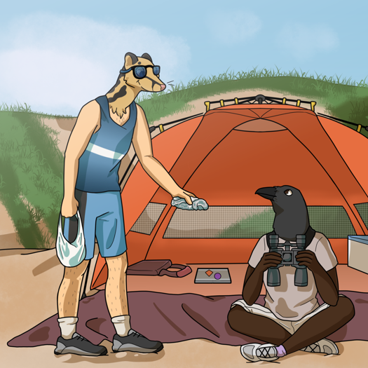 Image: Asmeret is sitting cross-legged on the beach, in front of an orange beach tent. They’re wearing a khaki t-shirt and khaki shorts, and are holding a pair of binoculars. Cat–in a striped blue tank top, blue shorts, and sunglasses–stands next to them, holding out a sandwich wrapped in foil. Behind them are some low sand dunes partially covered in grasses. The sky is blue with a few clouds. End description.