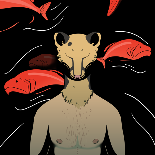 Image: Cat, viewed from the chest-up. His eyes are also closed and he’s no longer wearing a shirt. He’s standing in darkness, and five red fish swim past his head, with white action lines to indicate the movement of water. End description.