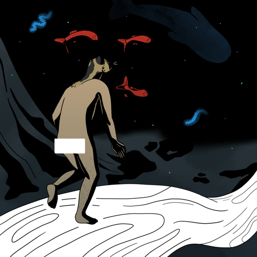 Image: Cat, viewed from the back. He’s completely naked and his face is shrouded in shadow. He is walking along a large, white, root- or branch-like structure. Behind him, the seafloor is gray and black, and it slopes from a drop-off into a flat valley. There are more red fish, bioluminescent deep-sea worms, and the silhouette of a whale in the distance. End description.