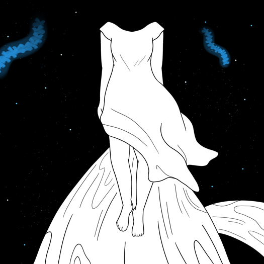 Image: Anima is standing on the root-like structure, and like it, she is also completely white. Notably, she has no head. She is wearing a long, short-sleeved dress. In the background are more bioluminescent worms and dots of light. End description.