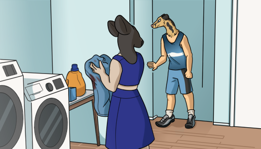 Image: Phoebe, facing away, watches Cat walk up the stairs. To her left are a washing machine, a dryer, and a small laundry table with detergent on it. Cat has an angry look on his face and his ears are flattened. He’s still wearing his beach attire. End description.