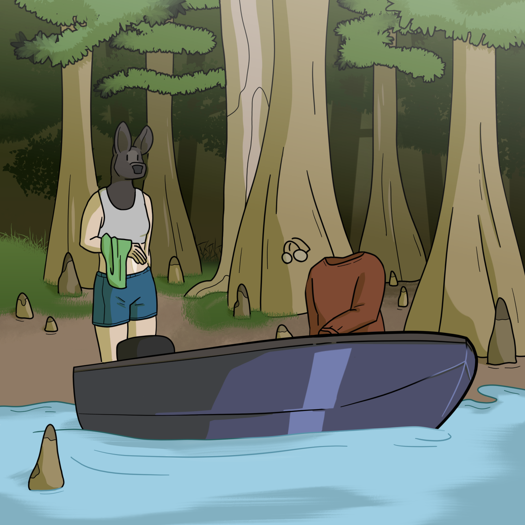 Image: Phoebe and Kirk are on the shore of the lake. Kirk is sitting in an aluminum boat and Phoebe is standing behind it. She’s changed into a pair of blue shorts, and is wearing her gray pajama crop-top. Hung over her arm is a green t-shirt. In the background is a cypress forest. End description.