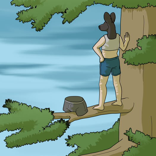 Image: Phoebe and Kirk are on one of the cypress’ branches. Phoebe is standing with her back turned, looking at the lake. Kirk, visible only as a pair of underwear, straddles the branch. End description.