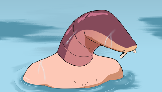 Image: Kirk’s head and shoulders are miraculously visible above the surface of the water. He has a caecilian aspect which is reddish with an orangy-pink underside. At the front of his snout are two short tentacles. He also has light skin, some chest hair, and a few scars on his shoulders. End description.