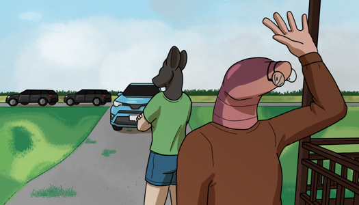 Image: Phoebe and Kirk stand in the driveway, next to the porch. Parked at the end of the driveway is Julia’s sky blue car, and on the other side of the gravel road is freshly-harvested farmland. Kirk faces forward, looking up at his raised hand. Phoebe is turned away with her arms crossed, looking at the two cars parked on the road. End description.