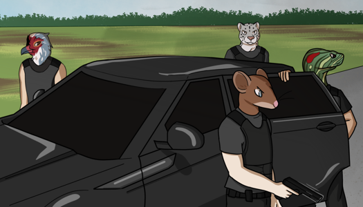 Image: Four people are standing by one of the cars. The one in front has a mouse aspect, the one on the passenger side has the aspect of a gray, red, and white bird. The two who were in the back seat have a green turtle and a snow leopard aspect. All four are wearing bulletproof vests, and are dressed in black and dark gray. The mouse-headed man is holding a pistol. End description.
