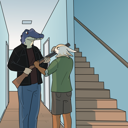 Image: Julia hands Bluebell her shotgun. They’re standing in the hallway near the front door, with the rest of the hall and the stairs behind them. End description.