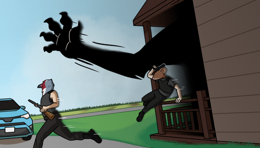 Image: The gunmen run as a giant, shadowy, clawed paw emerges from the shade of the porch. End description.