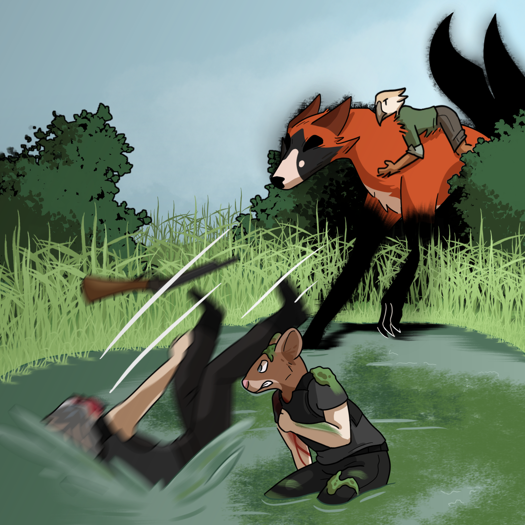 Image: The mouse-headed man is kneeling in the pond as the pheasant-headed woman and her gun crash into the water. He’s grimacing and clutching his right side, and blood is trickling down his arm. Part of the water is covered by a layer of green algae, and more is smeared on the man’s fur and clothes. Behind them Yuli steps into the pond with Julia on their back, their body partially covered by bushes. End description.