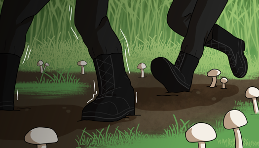 Image: A close-up of the gunmen’s legs as they run into the faery ring and become paralyzed. White mushrooms surround their boots. End description.
