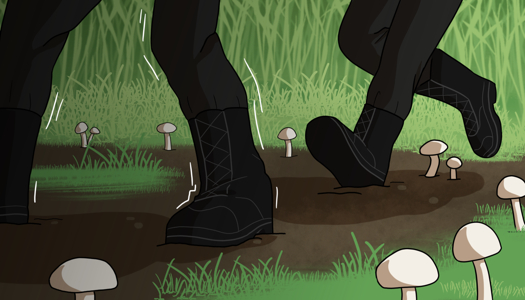 Image: A close-up of the gunmen’s legs as they run into the faery ring and become paralyzed. White mushrooms surround their boots. End description.