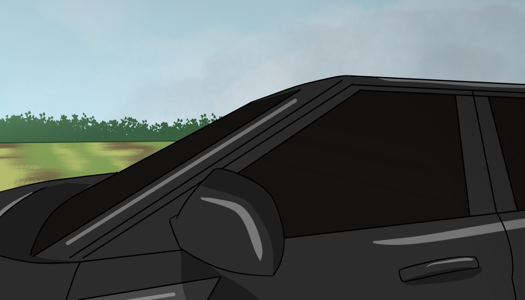 Image: A close-up of one of the black cars parked on the road. Its windows are completely tinted, hiding its occupants. Behind it is the property across from Julia’s house: a plowed field and a line of trees. End description.