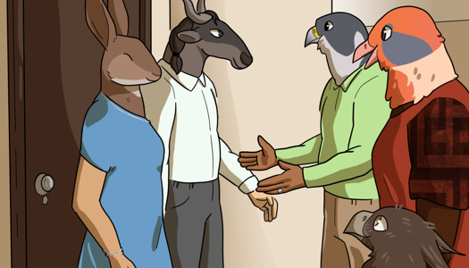 Image: A flashback. Connell and Cassandra stand in the foyer of the Morevna family home. Across from them are Ivan, his wife, and a much younger Julia (only visible from the head-up). Cassandra has light skin and the aspect of a European rabbit, and is wearing a short-sleeved blue dress with silver jewelry. Ivan’s wife has dark skin and the aspect of a flame-breasted fruit dove, and is wearing a red dress with a geometric pattern on the sleeves. Both men are dressed in business-casual with visible wedding rings. All five of them are smiling. End description.