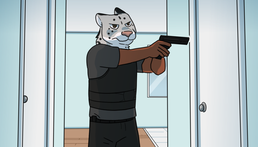 Image: A gunman with a snow-leopard head is walking down the hall. His pistol is aimed and ready. End description.