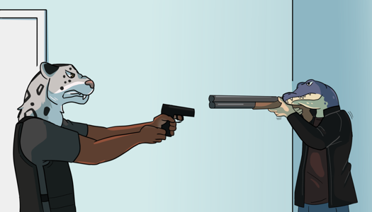 Image: The snow leopard man and Bluebell face off, their guns pointed at each-other. End description.