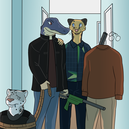 Image: Bluebell, Cat, and Kirk stand in the hallway. Cat’s hand is on Bluebell’s shoulder. Off to the side in front of them, the snow leopard man is sitting upright, asleep and bound by rope. End description.