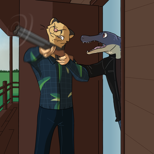 Image: Cat fires the shotgun. He’s grimacing, eyes squeezed shut and teeth bared; his head is tilted up as the recoil hits him. The open door is behind him, and Bluebell is running outside with a frightened expression on his face. End description.