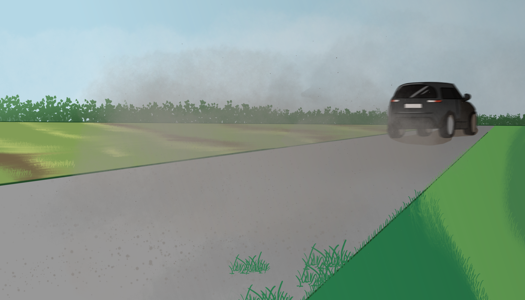 Image: One of the black cars is driving away down the gravel road, leaving a cloud of dust behind. End description.