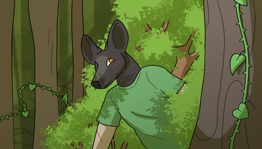 Image: Phoebe–viewed from the waist up–is in the forest, pushing her way through a large bush. Parts of her body are obscured by the foliage, and she has cuts on her face and arm. She’s also smiling slightly. End description.