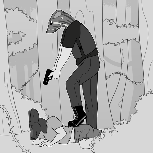 Image: The art style has switched from color to grayscale. Phoebe is laying on the ground on her stomach, struggling to get up. The gunman stands above her with one of his boots pressed into her back. He’s pointing his pistol at her head. End description.
