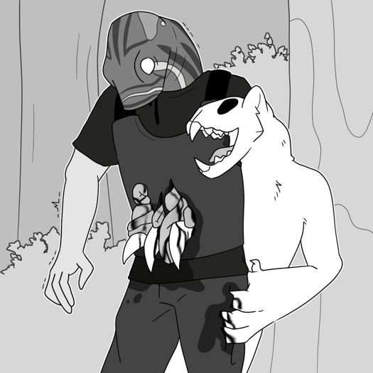 Image: The colors are in grayscale again. Silver mauls the turtle-headed man, his mouth open in a big smile. He’s behind the man but his claws cut all the way through, and the man’s guts can be seen spilling out of his front. Silver’s other hand is reaching around to dig into the man’s leg. Both of his clawed hands are smeared with trails of blood. The man is twitching, his head slumped forward as he nears the end of his life. End description.