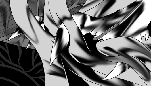 Image: An semi-abstract, internal view of Silver shoving his hand into Phoebe’s body. Guts catch in-between his claws, being pulled down past a row of muscle and into a dark void. Strange rootlike structures can be seen in the background. End description.