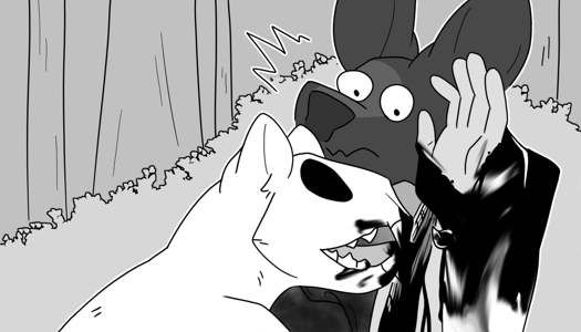 Image: Phoebe and Silver from their shoulders-up. Silver is leaning forward, licking the wound. Phoebe is watching him with a comically shocked expression. End description.