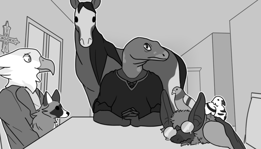 Image: The other end of the table, facing the kitchen. At the end sits Grant, an older black man with the aspect of a komodo dragon. Behind him stands a dark gray horse fae with a black mane and a white marking covering most of his face. On the left side sits Julia with Yuli in her lap. She’s looking nervously at Isra, who is sitting on the right, comically slumped over and crying with her face smushed against the table. On top of Isra are two pigeon fae: Apricot and a second, black and white one. End description.